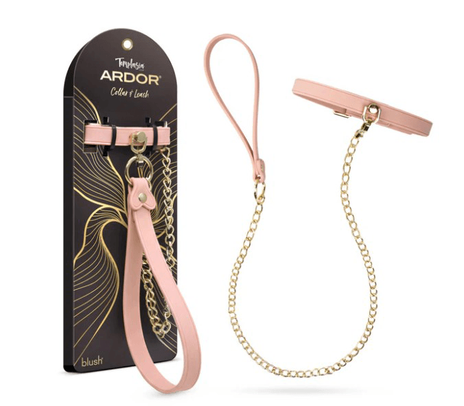 Temptasia Ardor Collar and Leash Pink displayed with elegant packaging and gold accents.