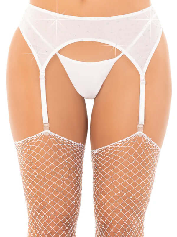 Leg Avenue white rhinestone garter belt, one size fits most, with fishnet stockings, perfect for special occasions.