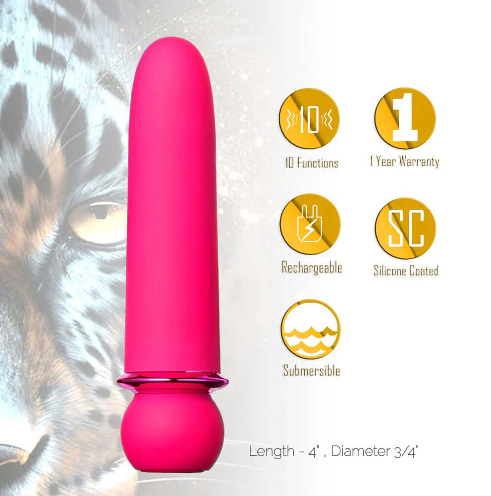 Pink Maia Novelties Jaguar with 10 functions, rechargeable, silicone coated, submersible, 1-year warranty.