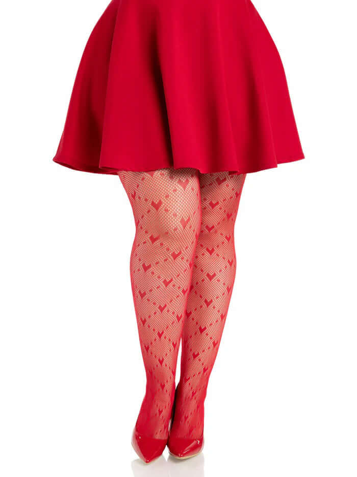 Leg Avenue Plus Size Valentina Heart Net Tights 1X 2X Red worn with a red skirt and heels, showcasing a heart pattern design.