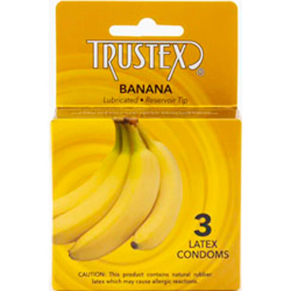 Trustex Flavored Lubricated Condoms 3 Pack Banana packaging with bananas design and product details.
