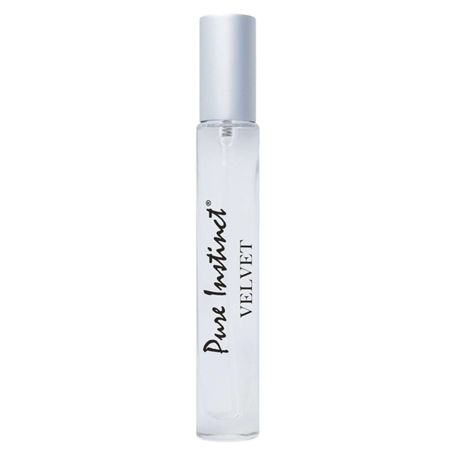 Pure Instinct Pheromone Perfume Spray Velvet in a sleek transparent bottle, 9.2 ml for a unique sensual fragrance.
