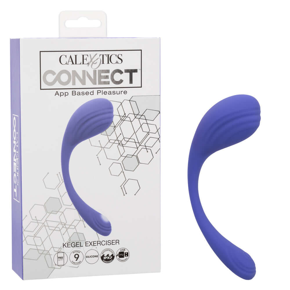 CalExotics Connect Kegel Exerciser in Periwinkle with packaging displaying app-based pleasure features and silicone material