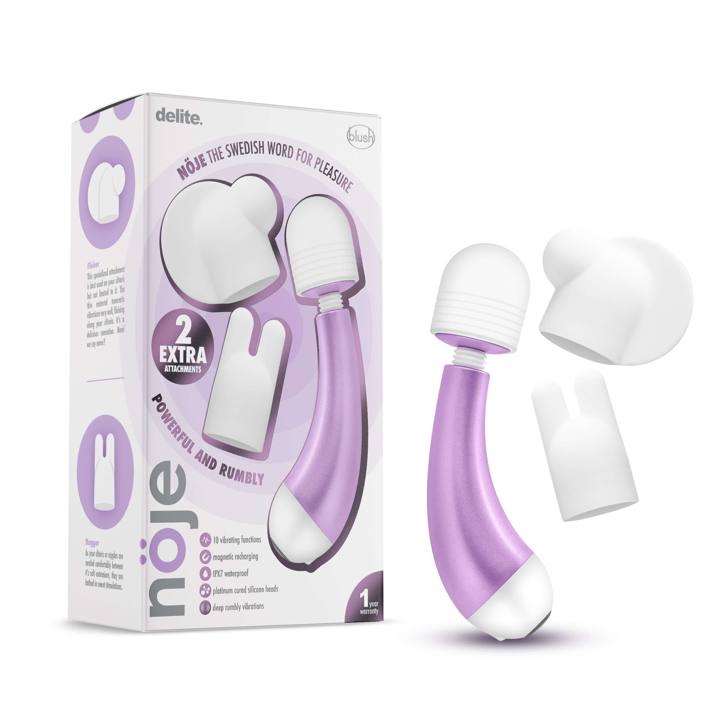 Noje Delite Wand Massager in Wisteria with two attachments, showcasing powerful rumbly vibrations for ultimate pleasure.