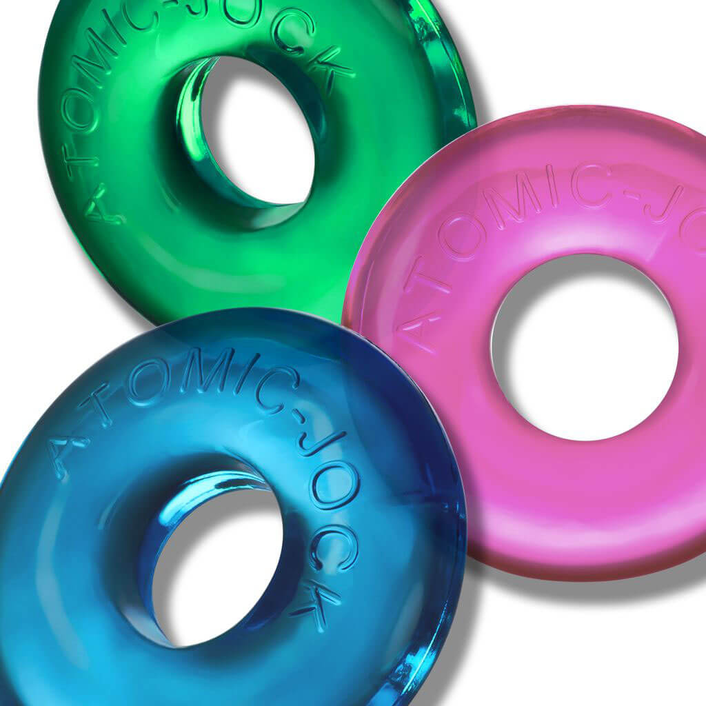 Neon-colored Oxballs Ringer Max cock rings in blue, green, and pink, showcasing stretchy, durable construction.