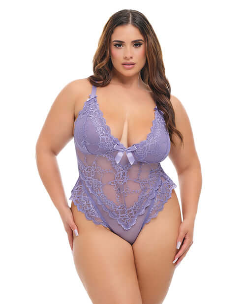 Oh La La Cheri Valentine Lace Teddy Bow Details Purple 3X 4X showcased on a model in elegant lace design.