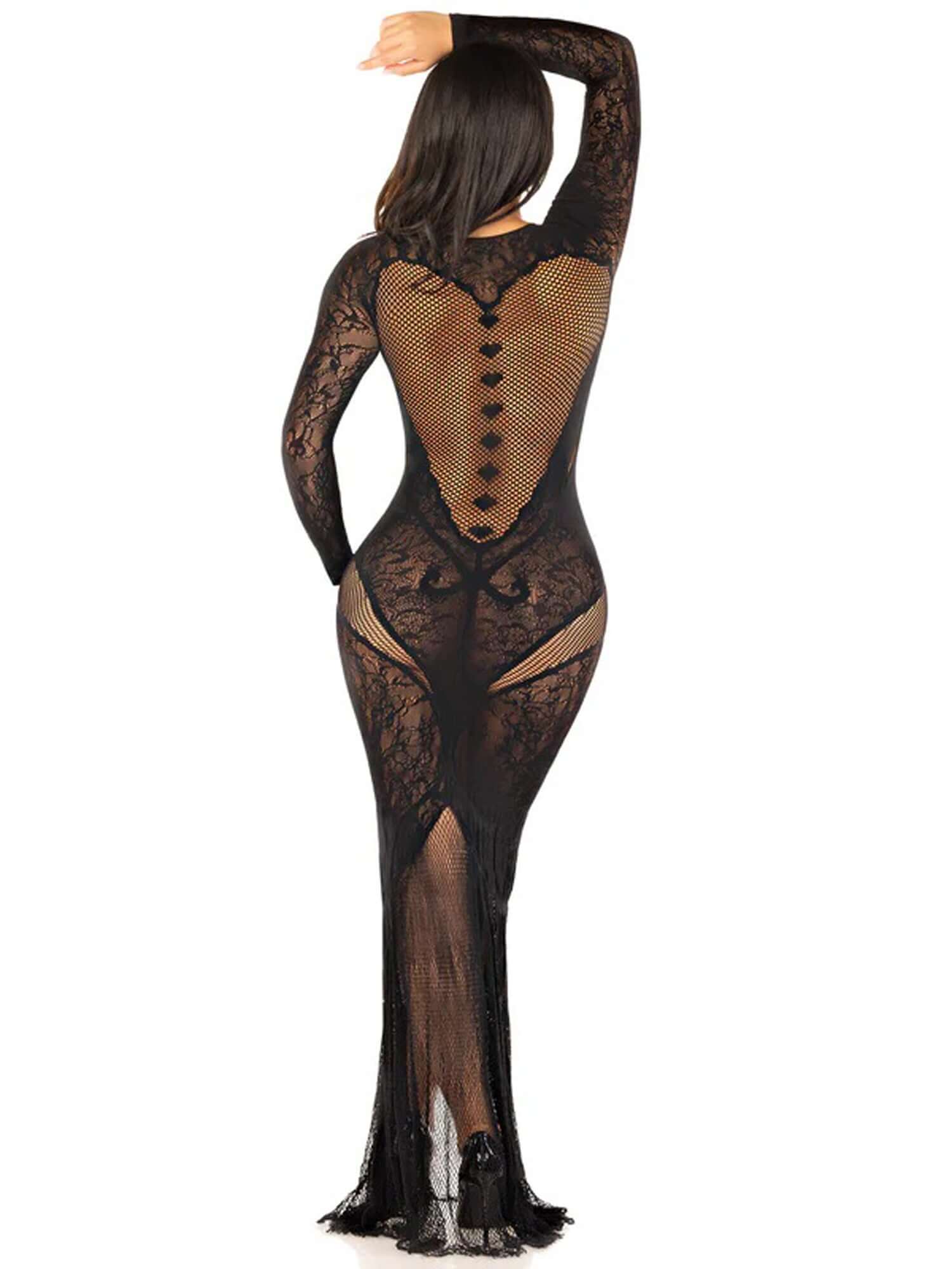 Black lace and net bodycon gown with heart keyhole, back view, showcasing intricate detailing, one size fits most.