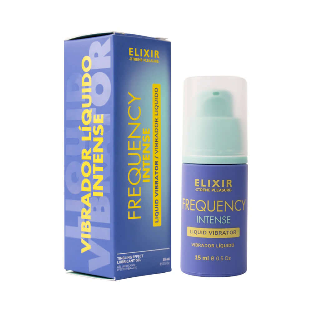 Elixir Frequency Intense Liquid Vibrator 15 ml packaging and product bottle for enhanced intimate sensations.