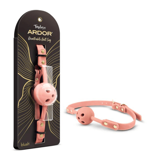 Temptasia Ardor Ball Gag Pink displayed in packaging with soft silicone design and adjustable strap for comfort.