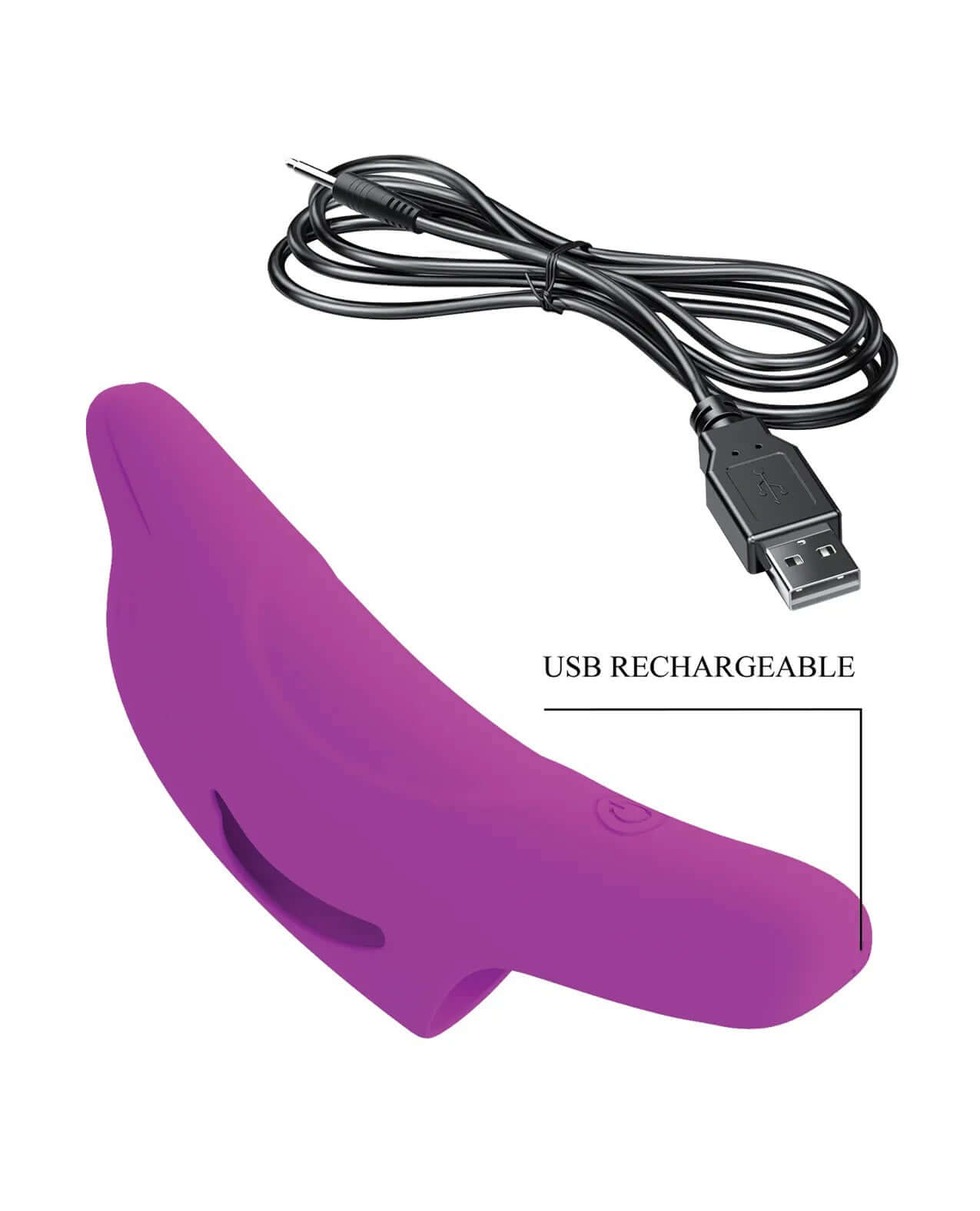 Delphini Dolphin Honey Finger Vibrator in Fuchsia with USB charging cable, made from medical grade silicone, body-safe and easy to clean