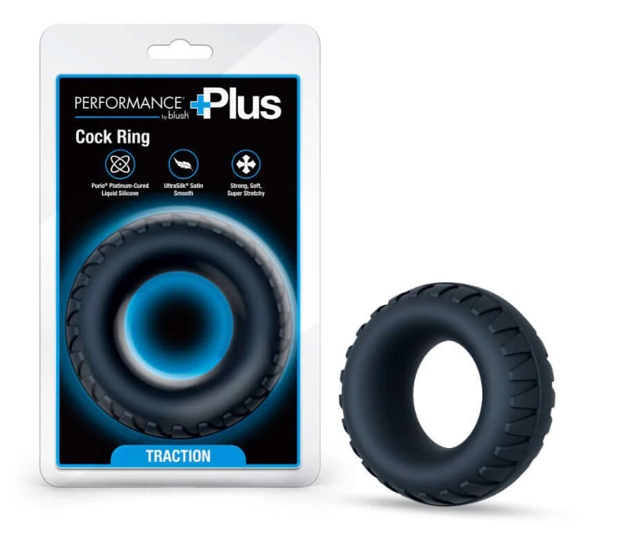 Performance Plus Traction Silicone Cock Ring Black packaging with a textured design for enhanced comfort and performance.