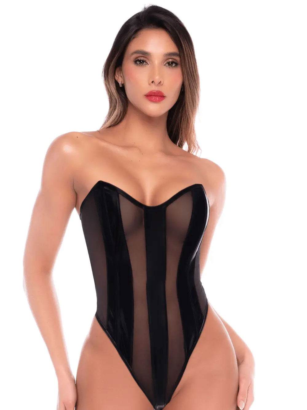 Mapale Liquid Strapless Mesh Bodysuit Black Small/Medium featuring sheer mesh and structured paneling for a confident silhouette.