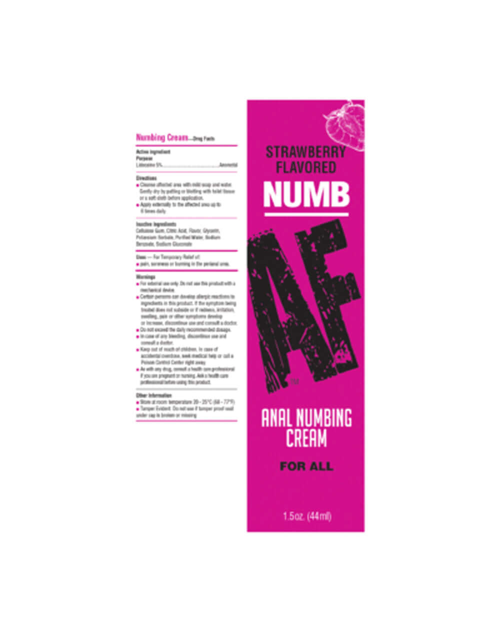 Numb AF strawberry flavored anal desensitizer cream 1.5oz packaging with usage instructions.