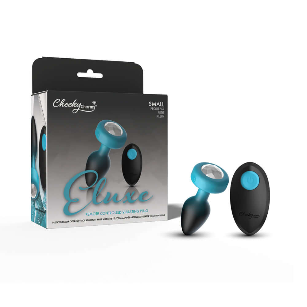 Cheeky Charms Eluxe Vibrating Anal Plug Small Teal with remote control packaging.
