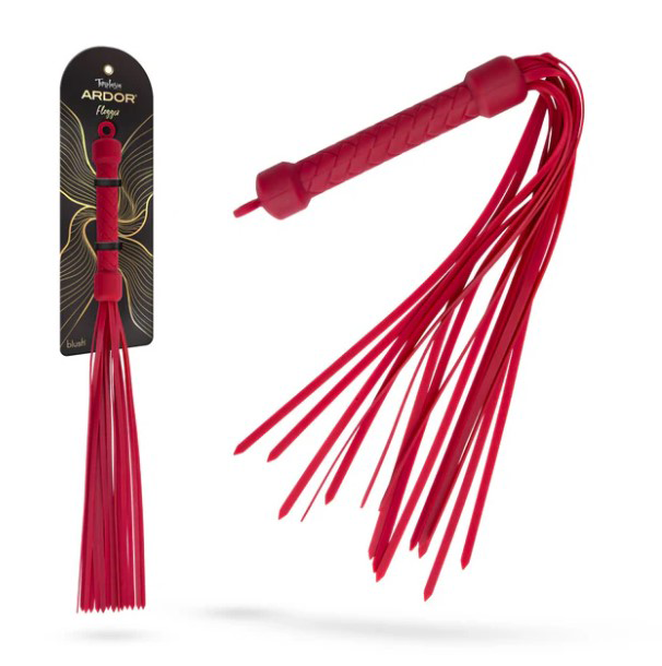Temptasia Ardor Flogger Red showing its silky strands and elegant handle, designed for comfort and versatile performance.