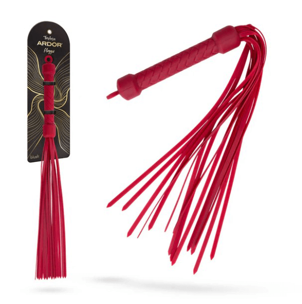 Temptasia Ardor Flogger Red showing its silky strands and elegant handle, designed for comfort and versatile performance.