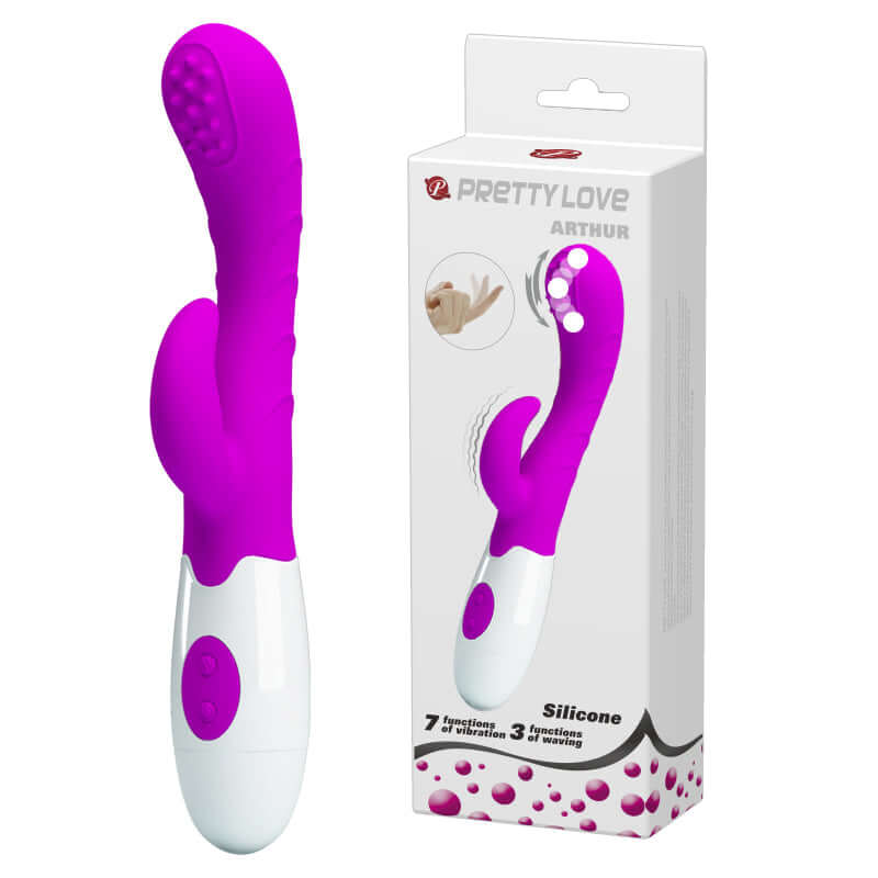 Pretty Love Rabbit Vibrator Arthur in pink silicone packaging with control buttons and product features.