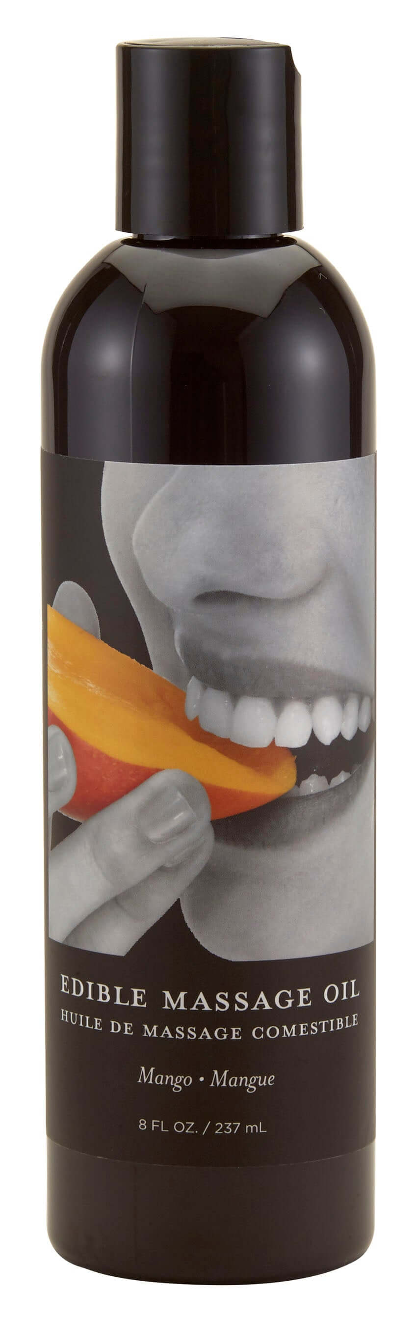 Edible Massage Oil Mango 8 Oz bottle with a person playfully tasting mango slice for delicious massages.