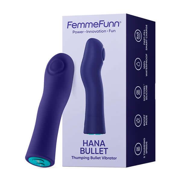 Hana Bullet Thumping Vibrator in purple packaging showcasing 5 thumping speeds and boost mode.