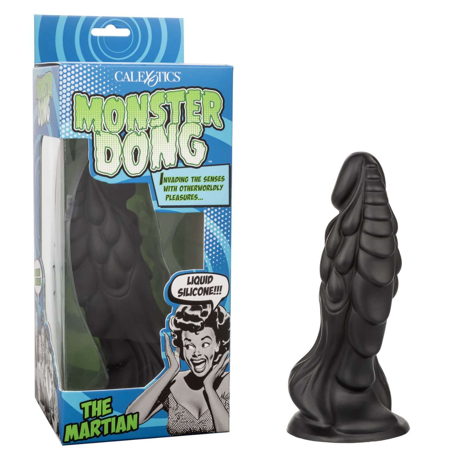 Monster Dong the Martian 7.75 inches Black silicone dildo in packaging for powerful, unique pleasure.