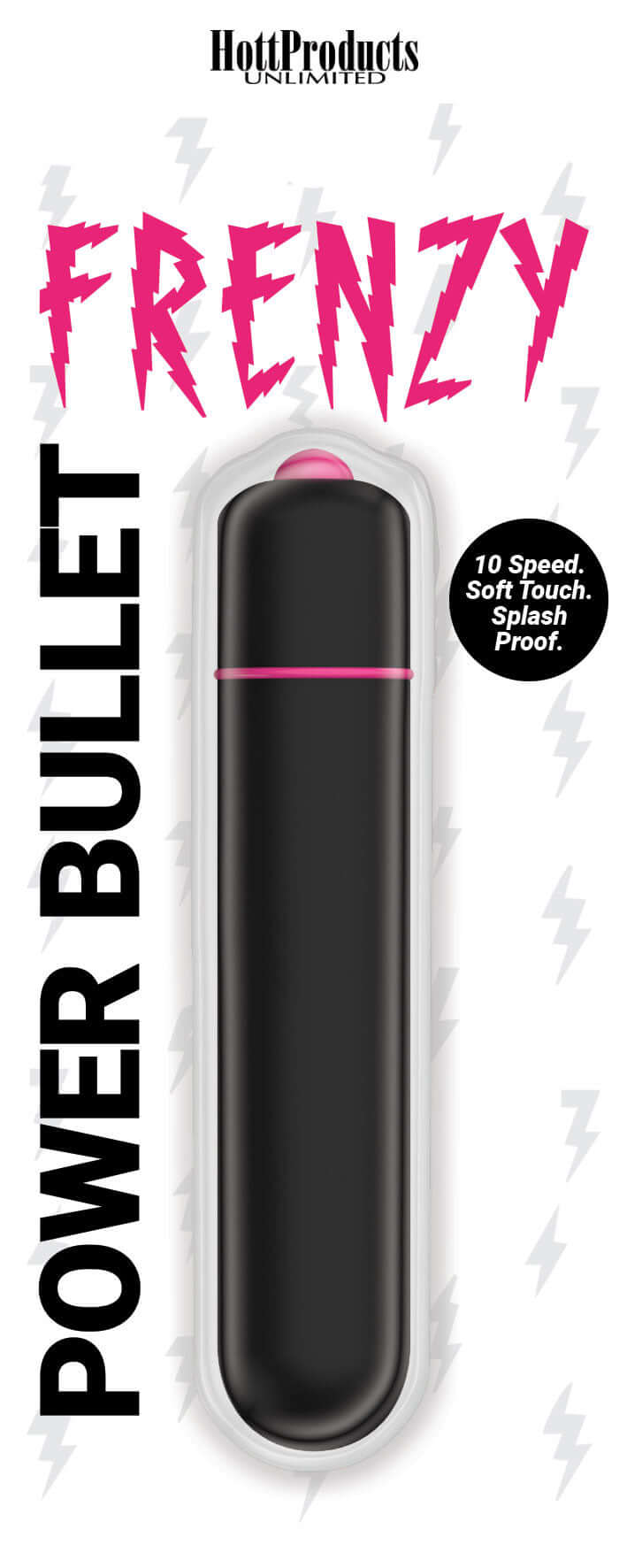 Frenzy Power Bullet Vibrator Black packaging featuring 10 speed options and splash-proof design.