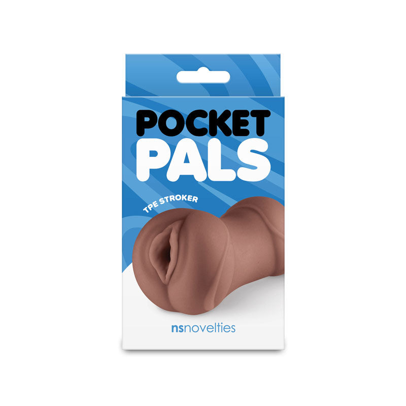 Pocket Pals Vagina Stroker Brown packaging with soft pleasure sleeve design from NS Novelties.
