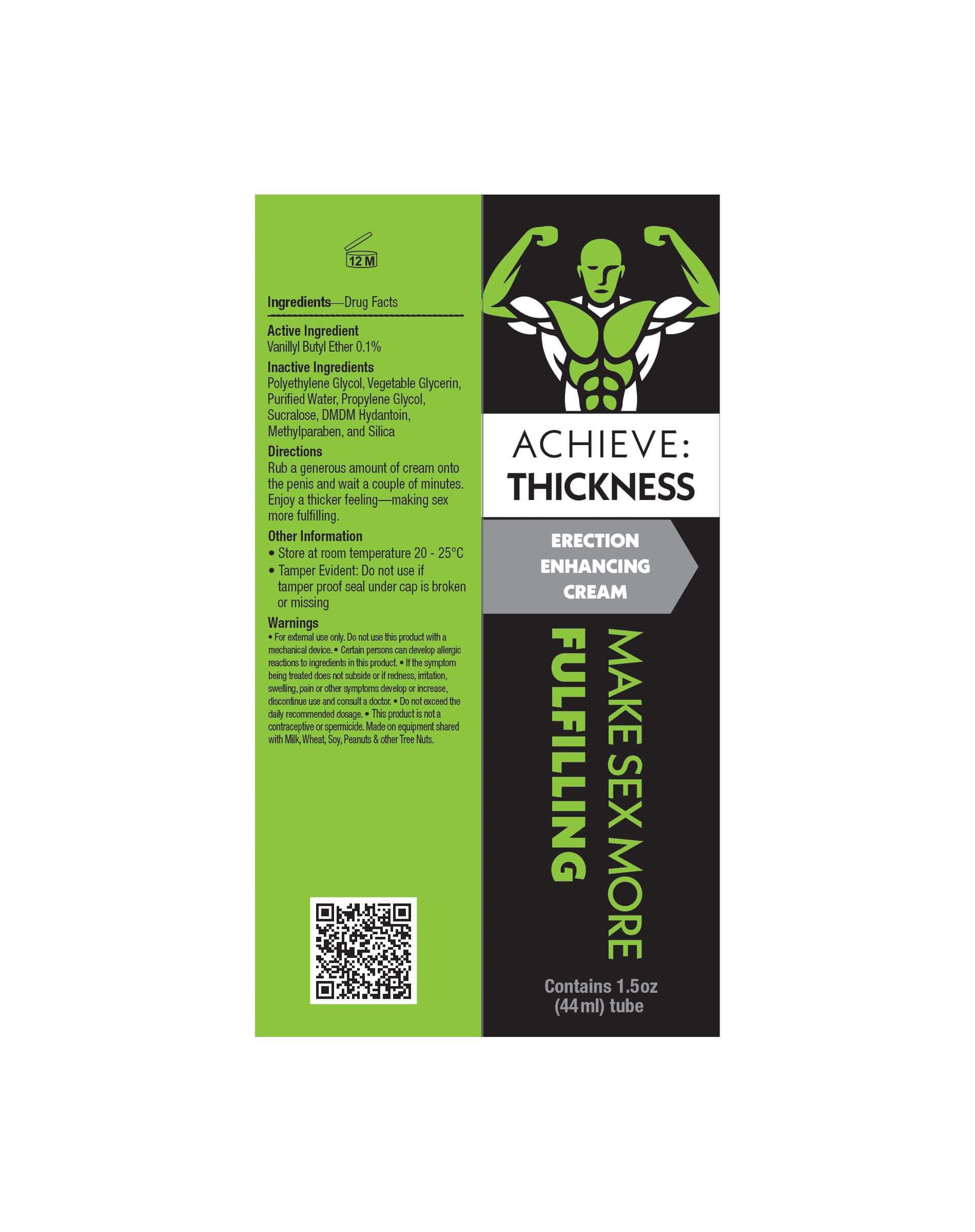 Achieve Thickness Erection Enhancement Cream 1.5 Oz packaging featuring ingredients and instructions for use.