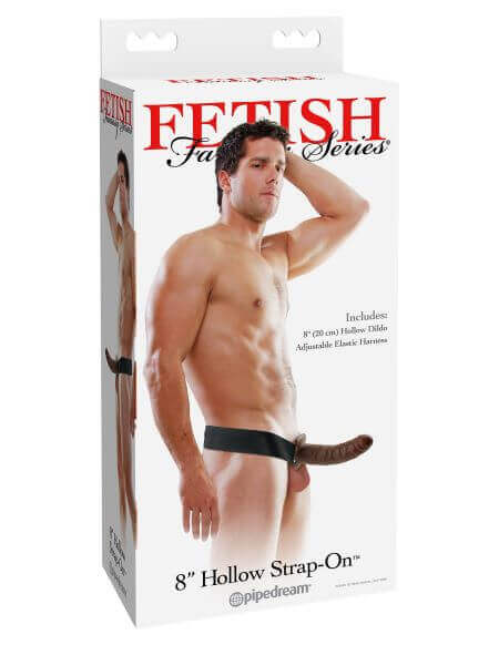 Fetish Fantasy Series 8 inches Hollow Strap On Brown packaged for sale with details on the product.