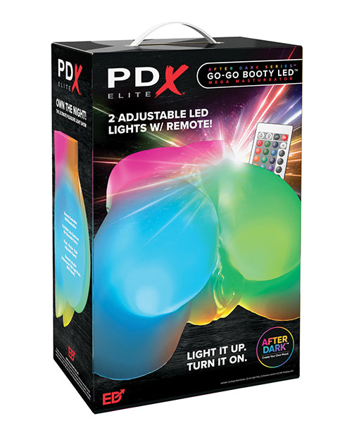 PDX Elite Go-Go Booty LED Mega Masturbator Frosted packaging with adjustable LED lights and remote.