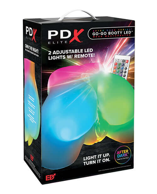 PDX Elite Go-Go Booty LED Mega Masturbator Frosted packaging with adjustable LED lights and remote.