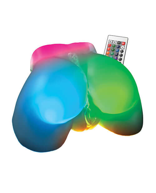 PDX Elite Go-Go Booty LED Mega Masturbator Frosted with remote control and colorful lighting effects.