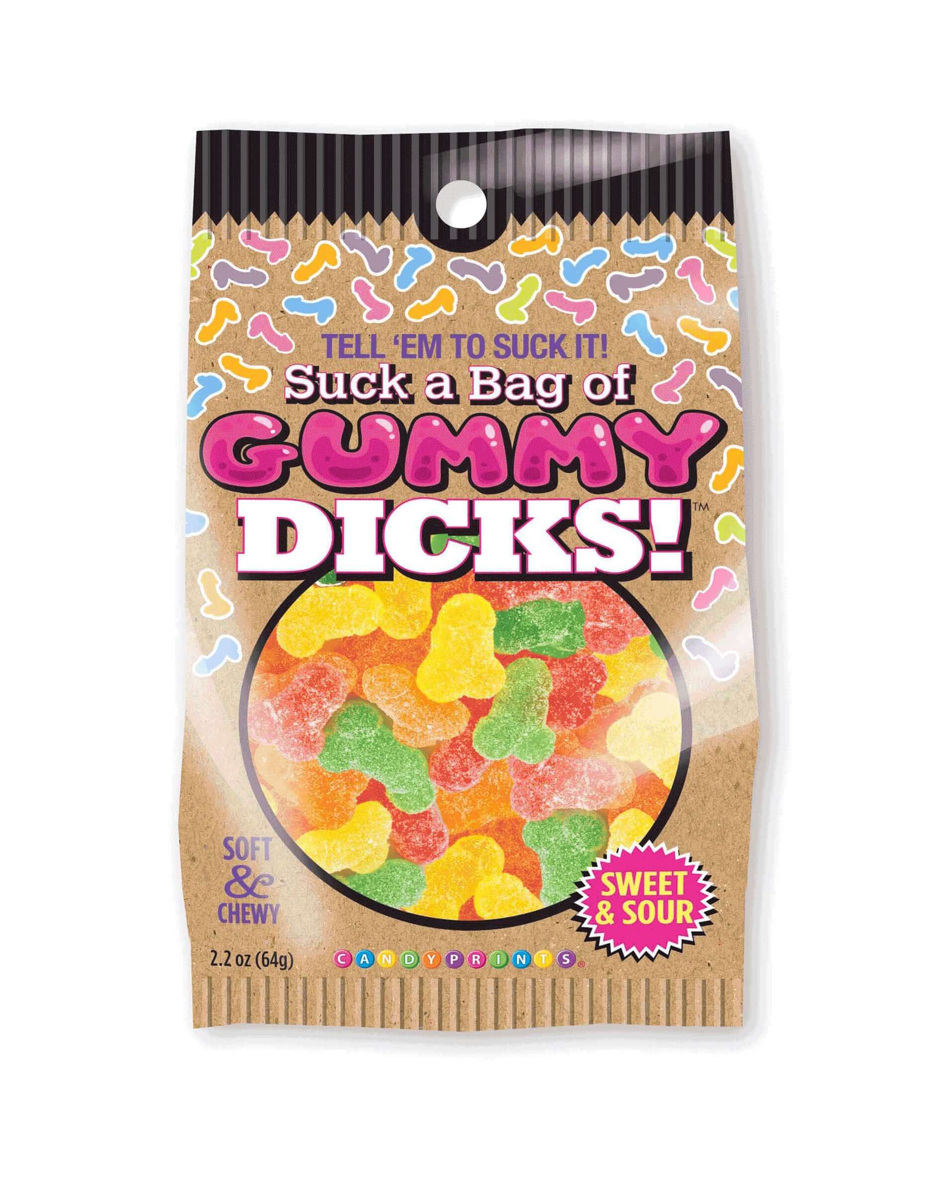 Suck a Bag of Gummy Dicks novelty candy packaging featuring colorful gummy shapes, soft and chewy, sweet and sour flavor.