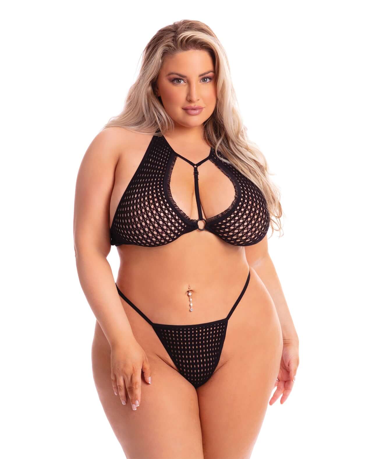 Pink Lipstick The Real Me Bralette & Thong Black Queen showcasing a stylish lingerie set on a model.