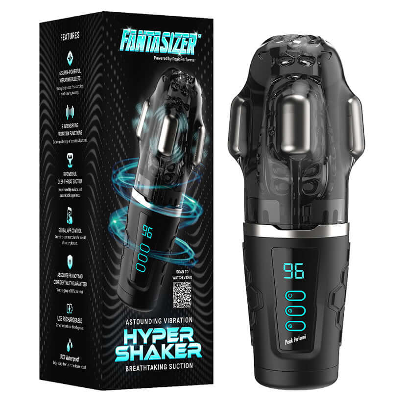 Peak Performa Hypershaker Fantasizer Masturbator Black with features and packaging showcased.