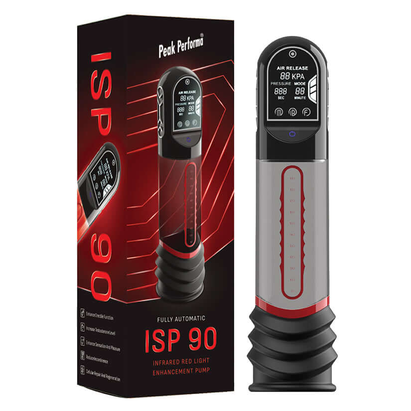 Peak Performa ISP 90 Infrared Red Light Therapy Pump Red with display and packaging.