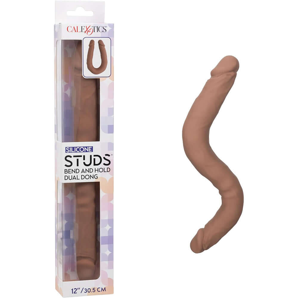 Silicone Studs Bend and Hold Dual Dong 12 Inch Brown packaging and product on display.