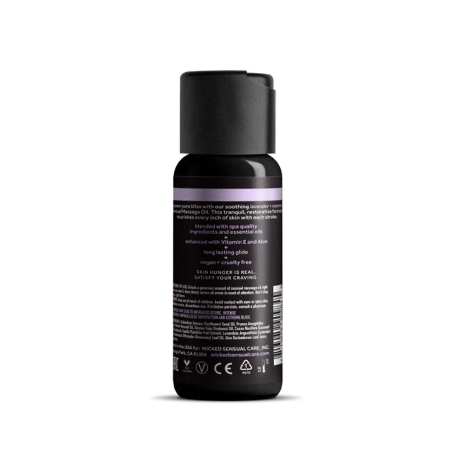 Lavender Rosemary Massage Oil 4oz bottle, vegan, cruelty-free, with Vitamin E and Aloe for nourishing skin and long-lasting glide.