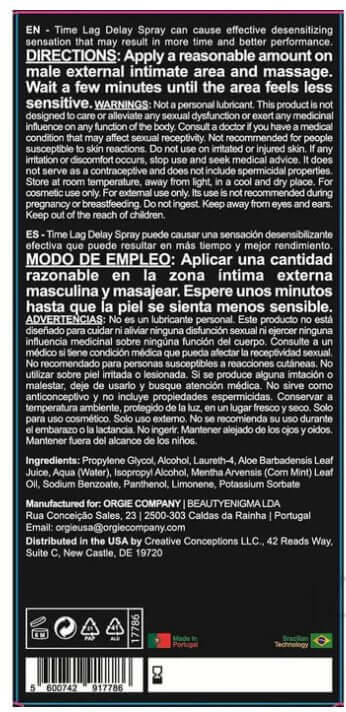 Orgie Time Lag Delay Spray for Him 10 ml directions and ingredient list on product packaging.
