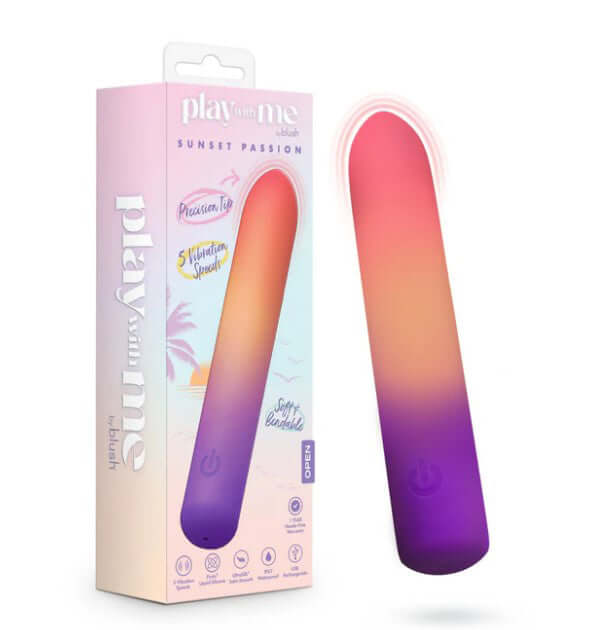Play With Me Vibrator Sunset Passion sleek design with precision tip and 5 vibration speeds in waterproof packaging.