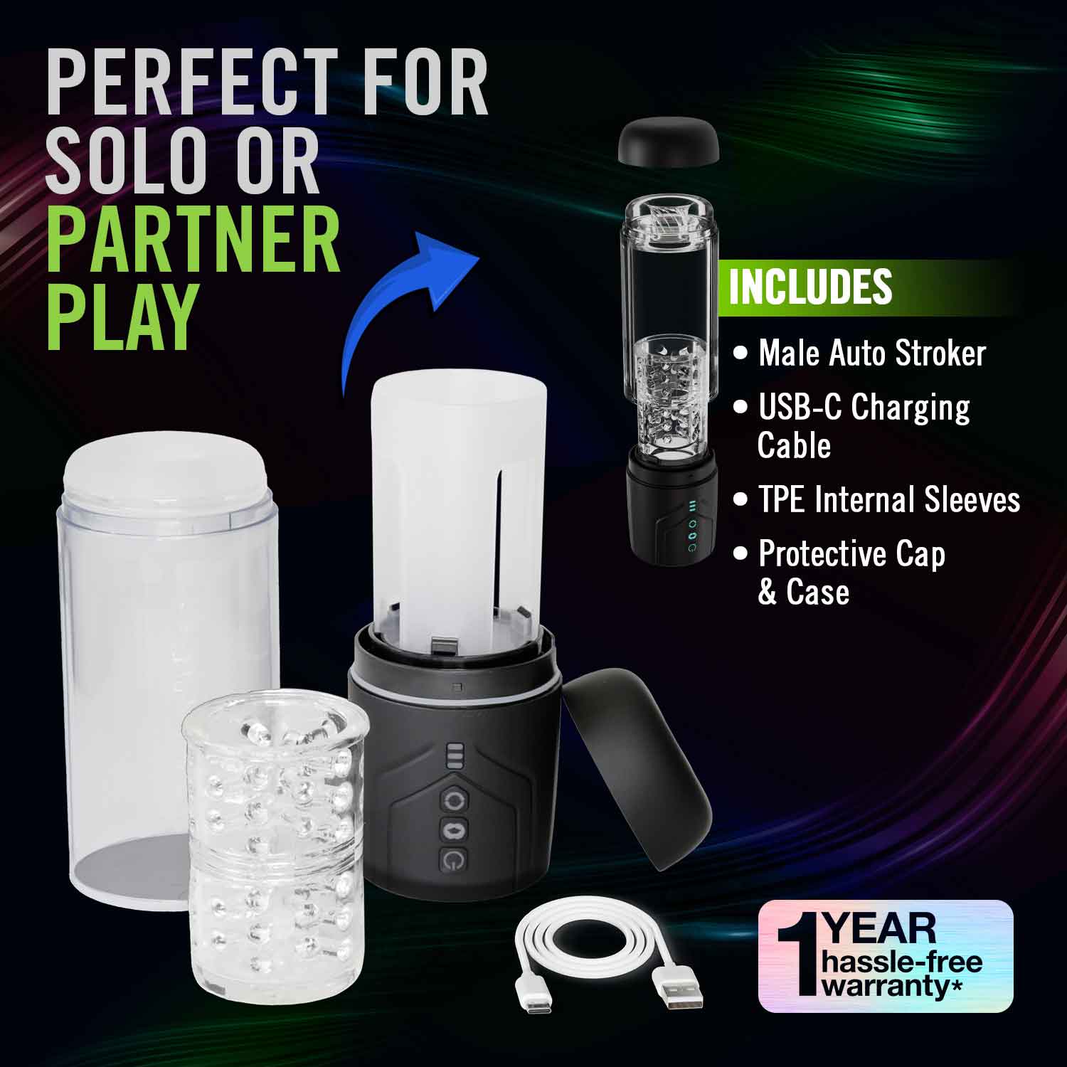 M for Men Whirlwind Pro Masturbator Black with male auto stroker, USB-C cable, TPE sleeves, and protective case.