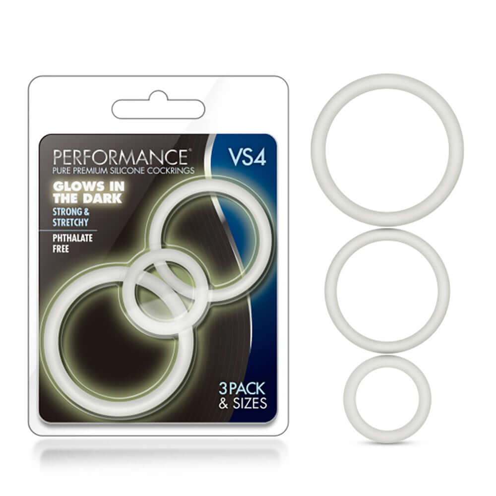 Performance Vs4 Pure Silicone Cockring Set White - glow-in-the-dark cock ring kit, strong and stretchy, 3 pack