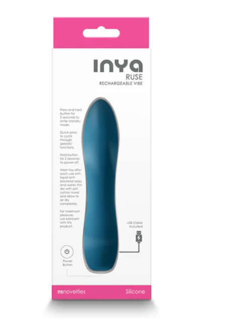 Inya Ruse Rechargeable Vibe Teal packaging showcasing its sleek design and rechargeable features.