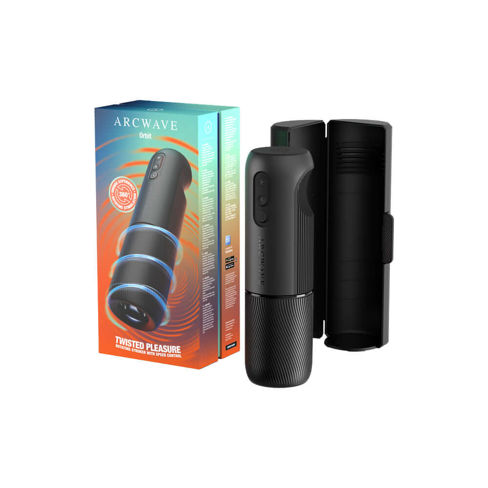 Arcwave Orbit Rotating Stroker next to its packaging showcasing innovative design and features.