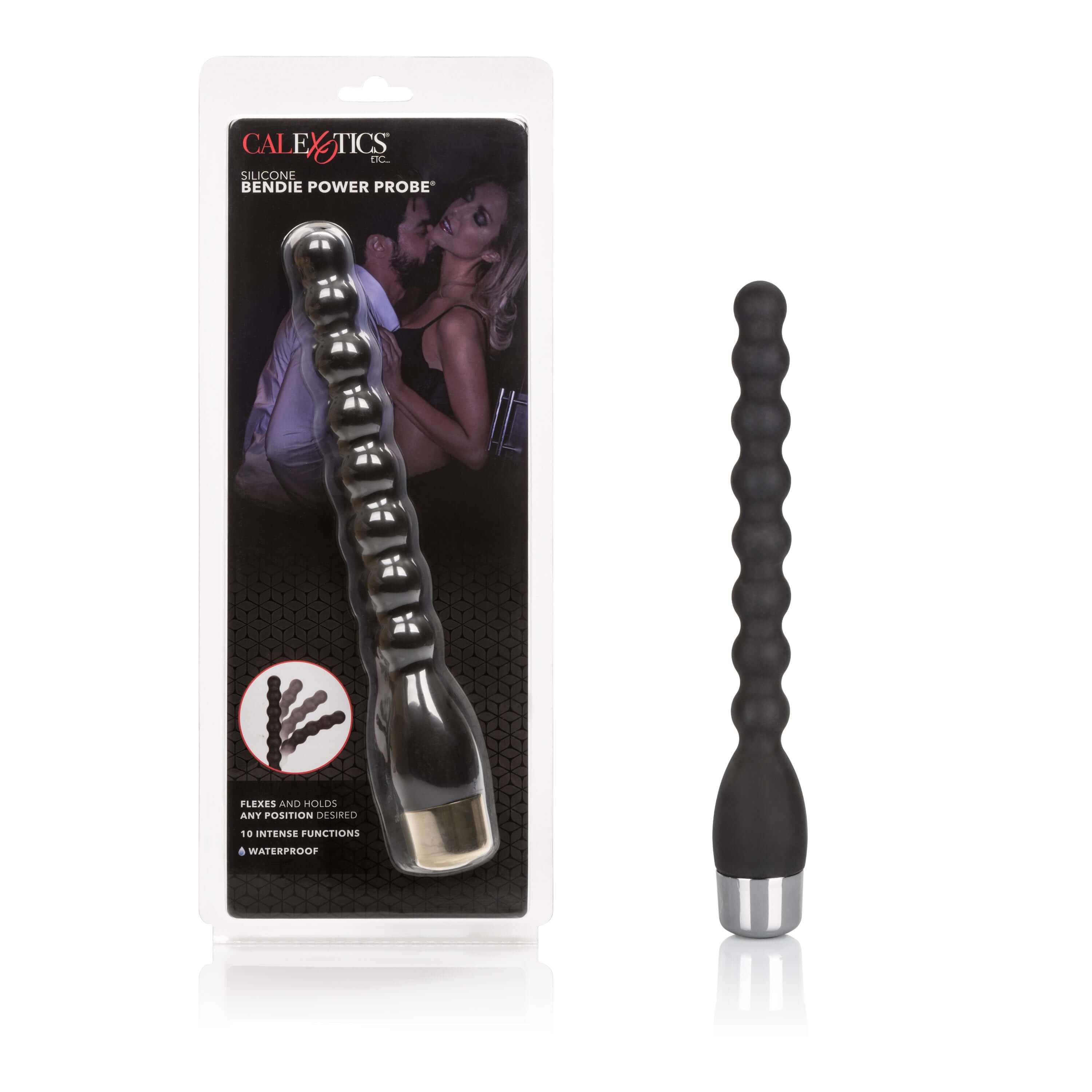 Silicone Bendie Power Probe Black shown in packaging, a flexible and waterproof pleasure device for customized stimulation.