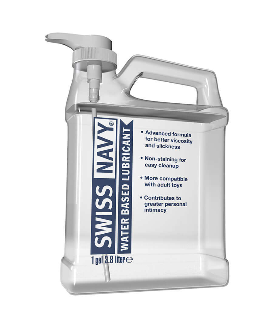 Swiss Navy Water-Based Lubricant 1 Gallon bottle showcasing advanced formula for viscosity and easy cleanup.