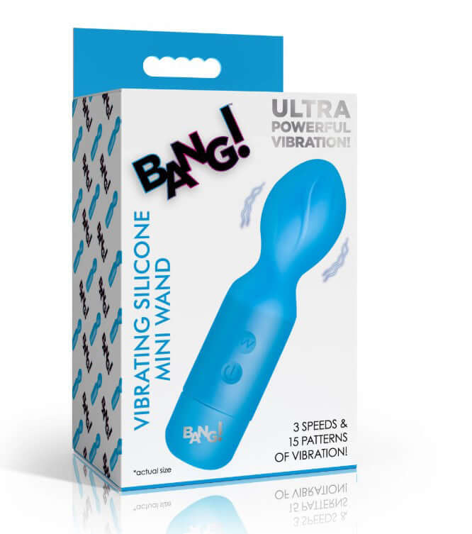 Bang 18X Vibrating Silicone Mini Wand Blue packaging showcasing its powerful design and features.