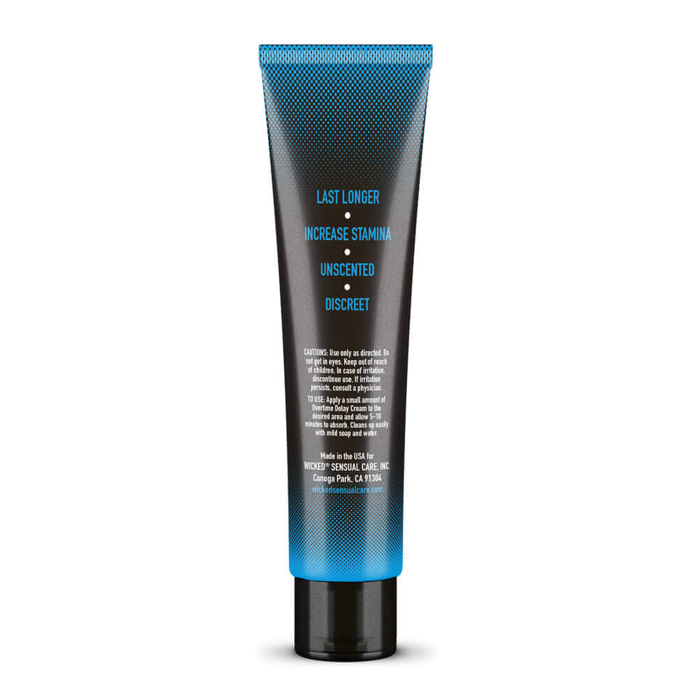 Wicked Overtime Delay Cream 1 Oz tube with text about lasting longer and increasing stamina, unscented and discreet.
