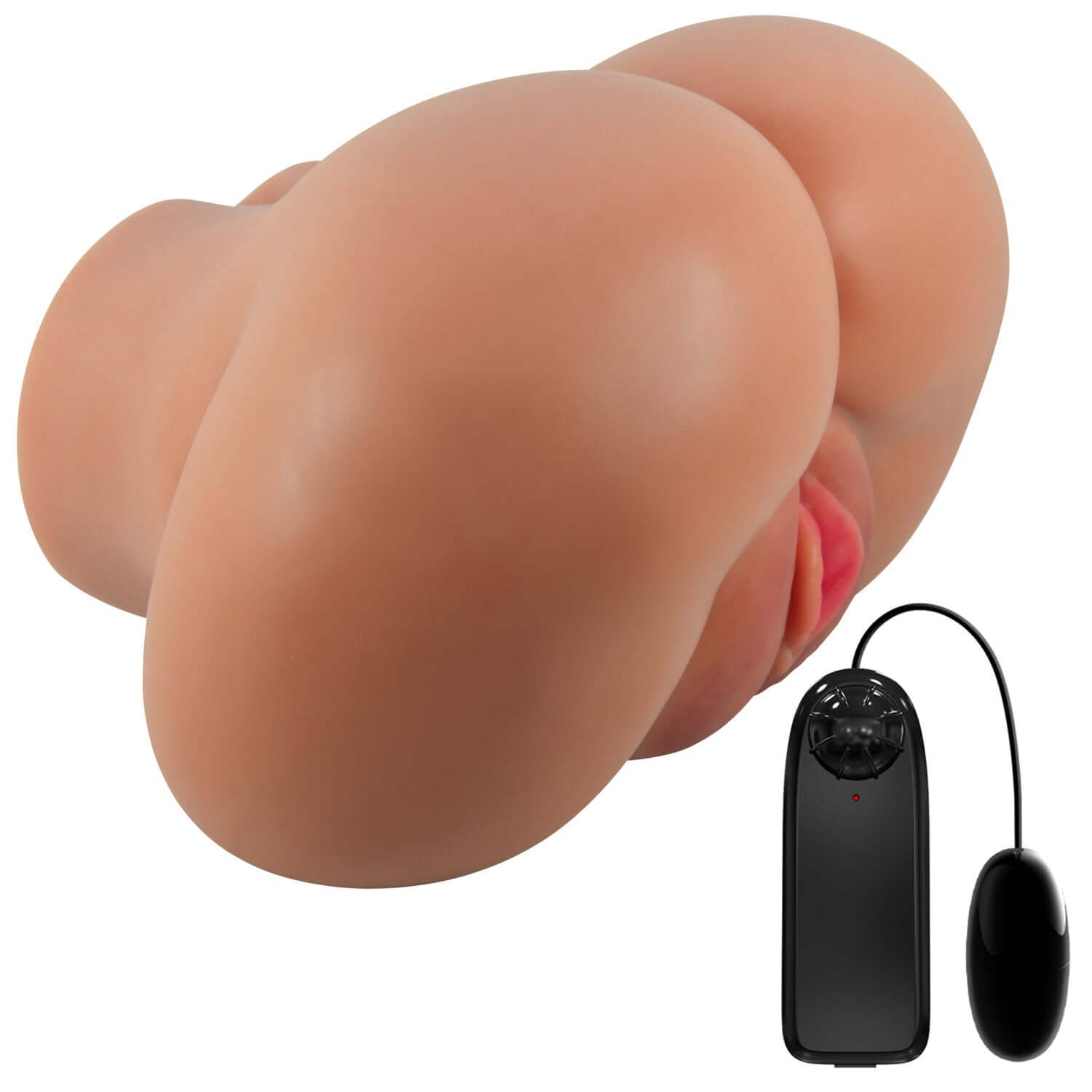 Realistic tan vibrator featuring dual-entry vagina and anus with included bullet vibrator for enhanced pleasure.