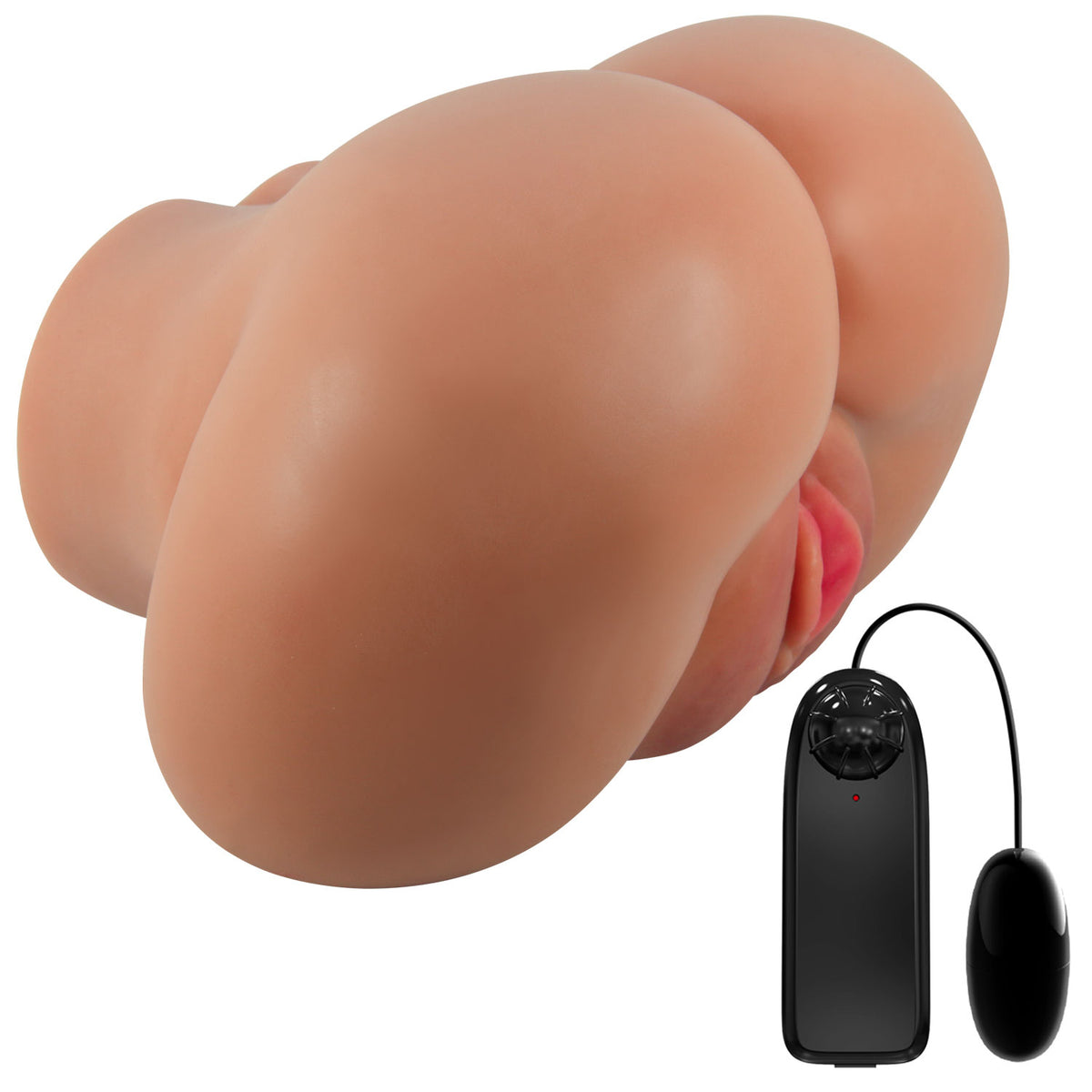 Luna Realistic Vagina and Ass Vibrator Tan with remote, featuring realistic lifelike design.