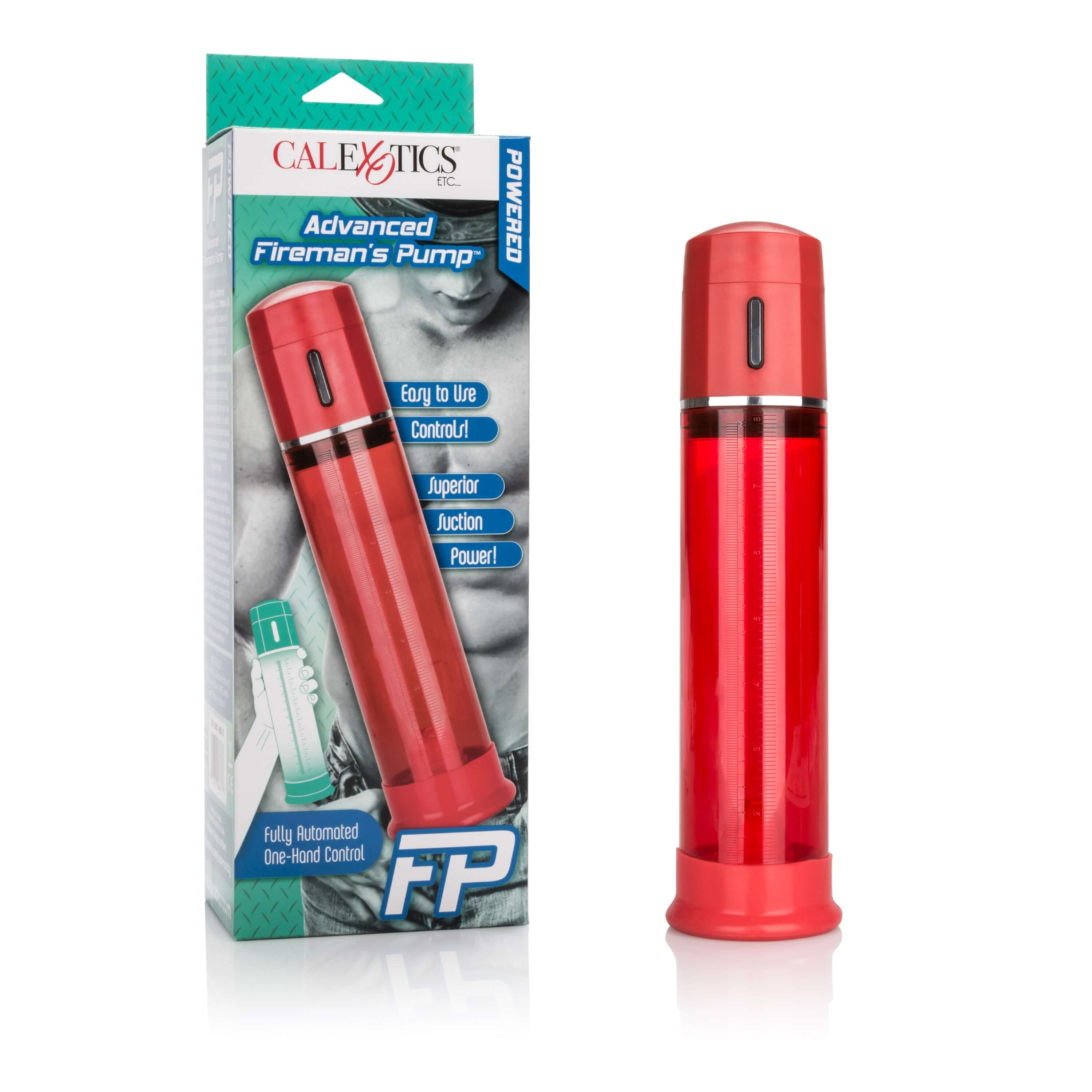Advanced Firemans Penis Pump Red in sleek design with packaging showcasing features and automatic control.